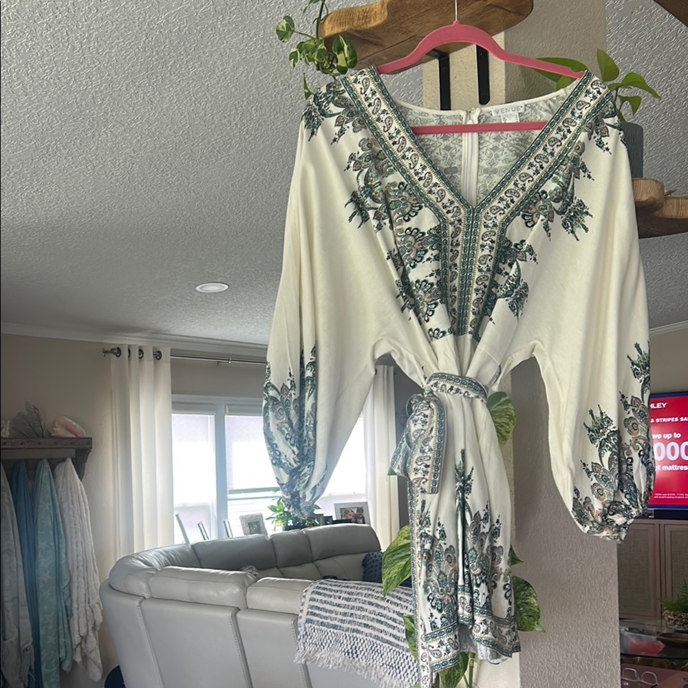 Woman's linen paisley print romper. Thick, elegant boho romper.
